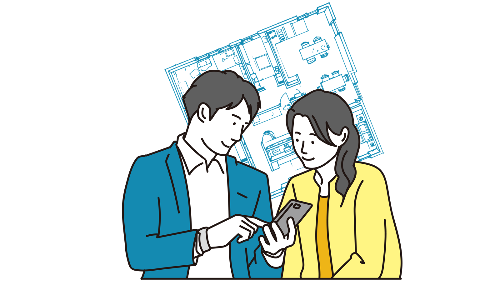 スマホを見て間取りを選ぶカップル